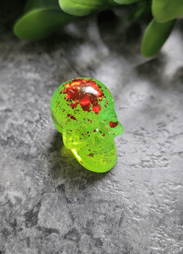 Skull Ornament - Mini - Neon Lime Green with Red Glitter