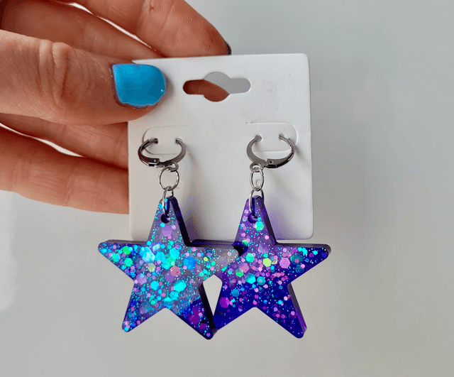 Earrings | Purple Glitter Stars | Stainless Steel Hoops