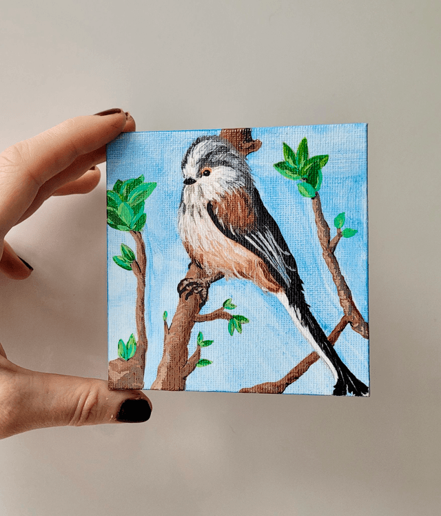 Original Mini Canvas Painting – Feathers and Fresh Leaves – Miniature Long-Tailed Tit Bird Painting