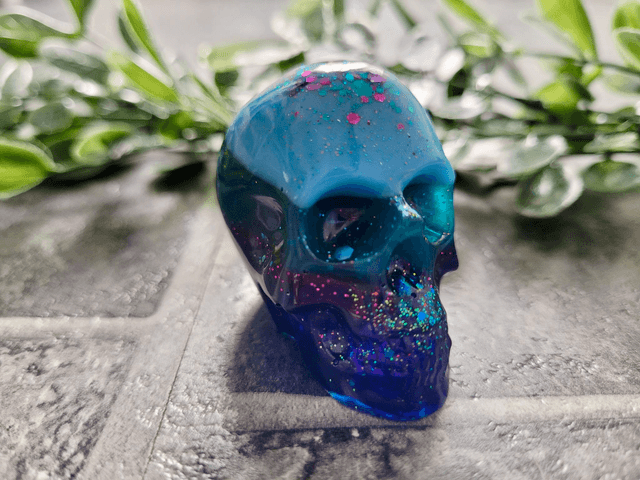 Skull Ornament - Medium -  Blue Striped Gradient with Glitter