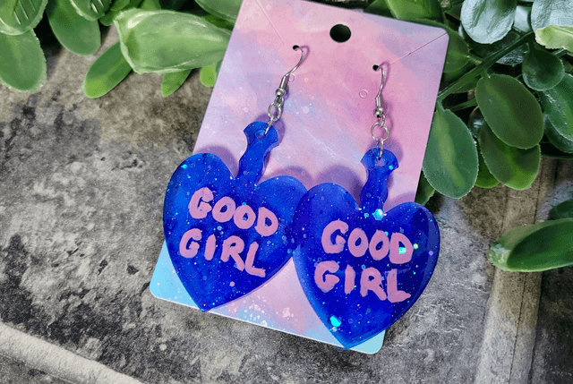 Earrings | GOOD GIRL Dark Blue Glitter Heart Paddle Earrings - Pink and Black Swirl Glitter  | Stainless Steel Hooks