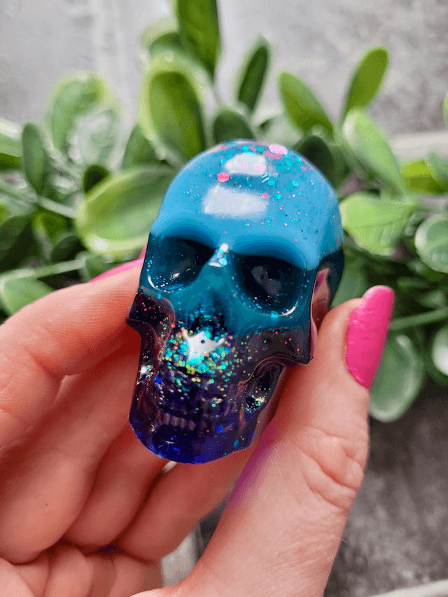 Skull Ornament - Medium -  Blue Striped Gradient with Glitter