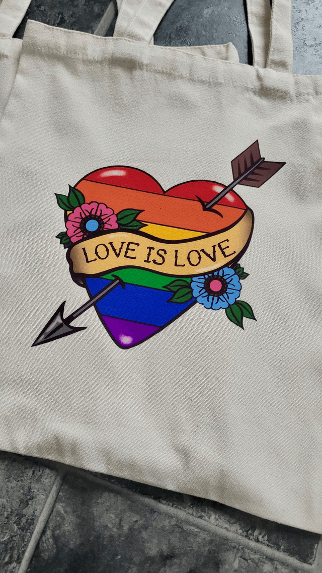 Love is Love Rainbow Pride Flag Heart & Scroll Tattoo Tote Bag