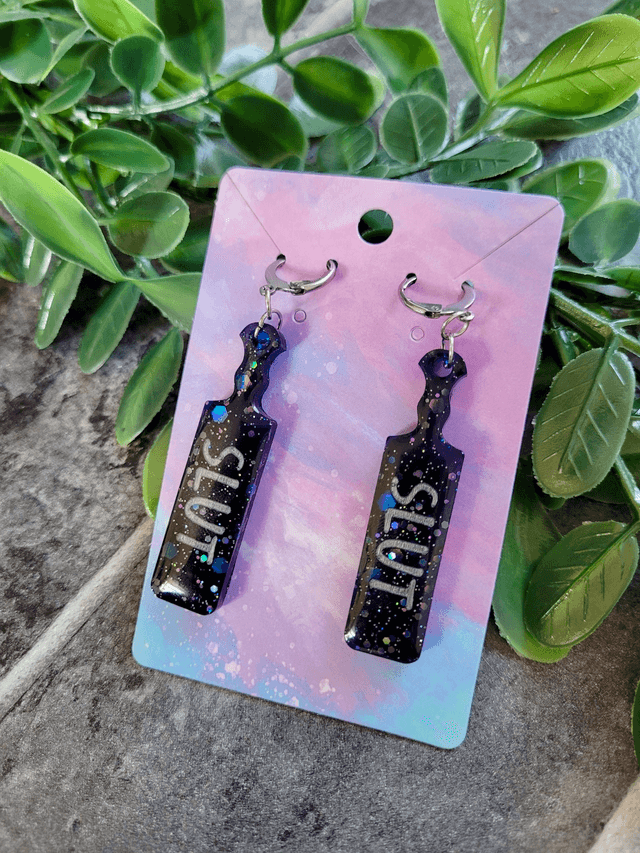 Earrings | SLUT Paddle Earrings Blue Black Glitter | Stainless Steel Hoops