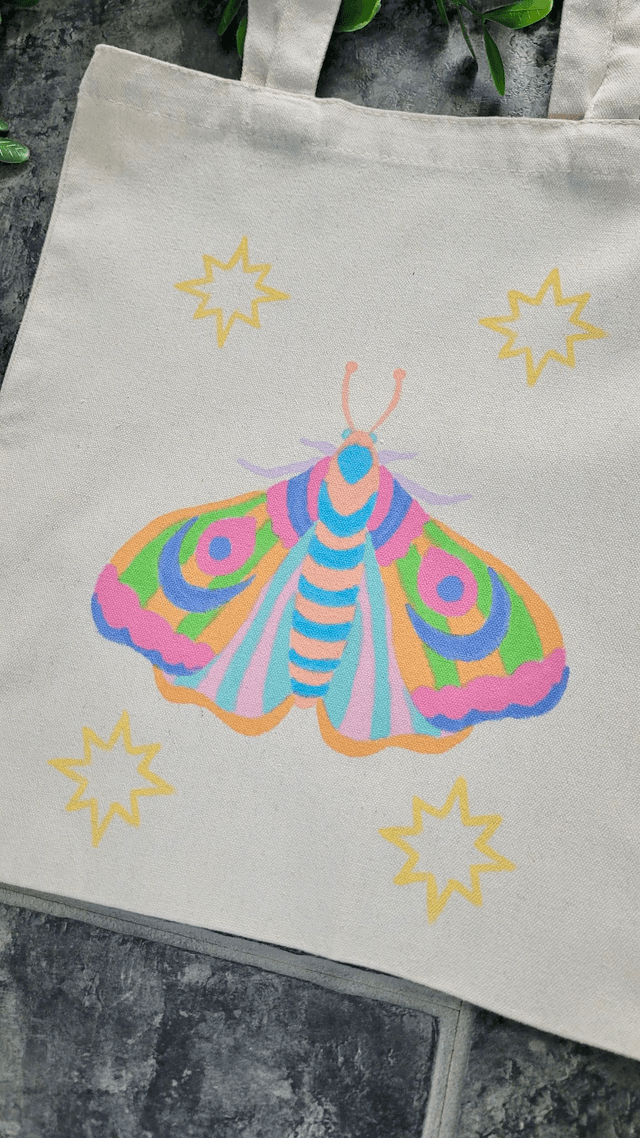 Pastel Moth Beige Tote Bag – Hand-Painted 