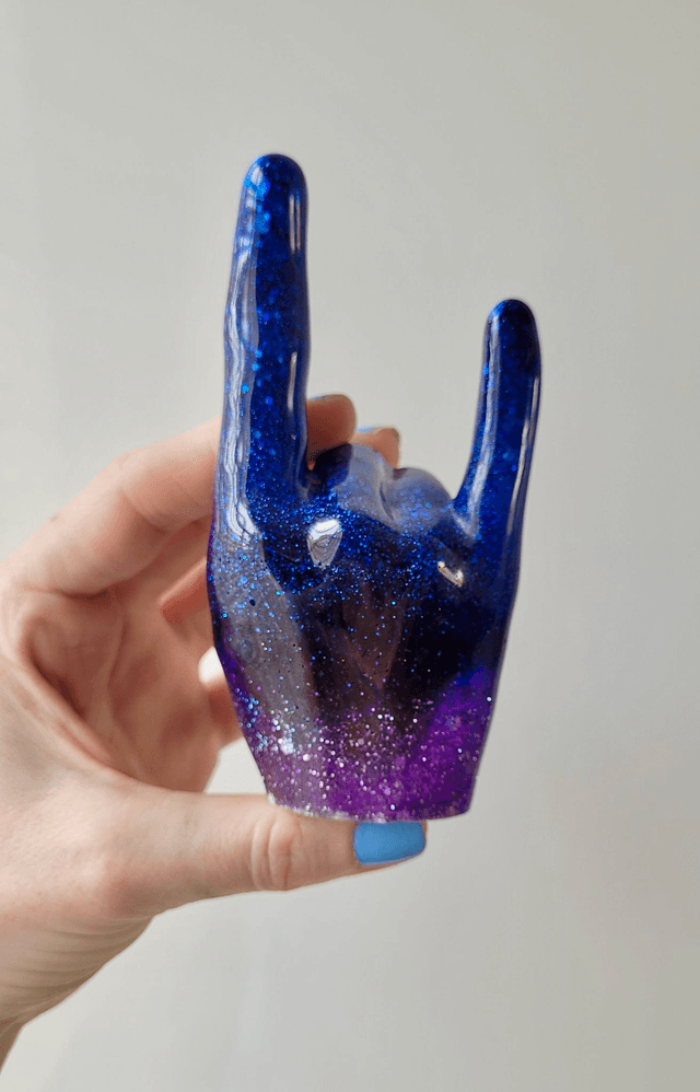 Rock On Hand Ornament – Blue & Purple, Silver Glitter - Ring Holder