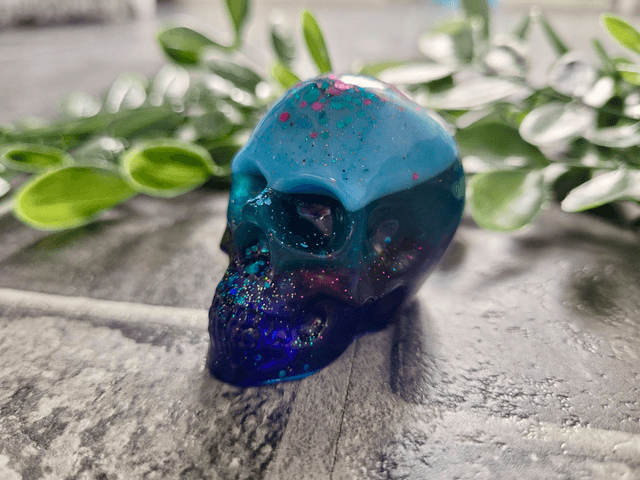 Skull Ornament - Medium -  Blue Striped Gradient with Glitter