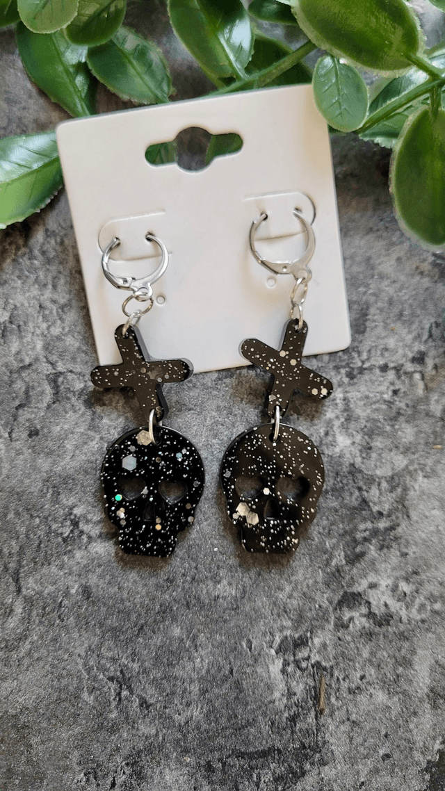 Earrings | Black Skull and Crosses Silver Glitter Sparkle | Stainless Steel Hoops