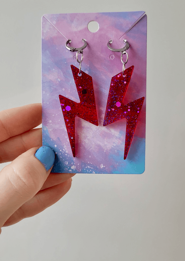 Earrings - Pink-Red Glitter Lightning Bolt Earrings | Stainless Steel Lever Back Hoops