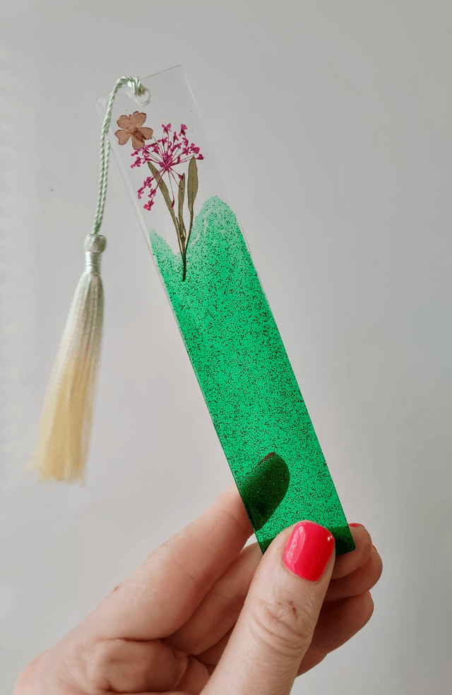 Green Glitter Floral Bookmark - Dried Flowers