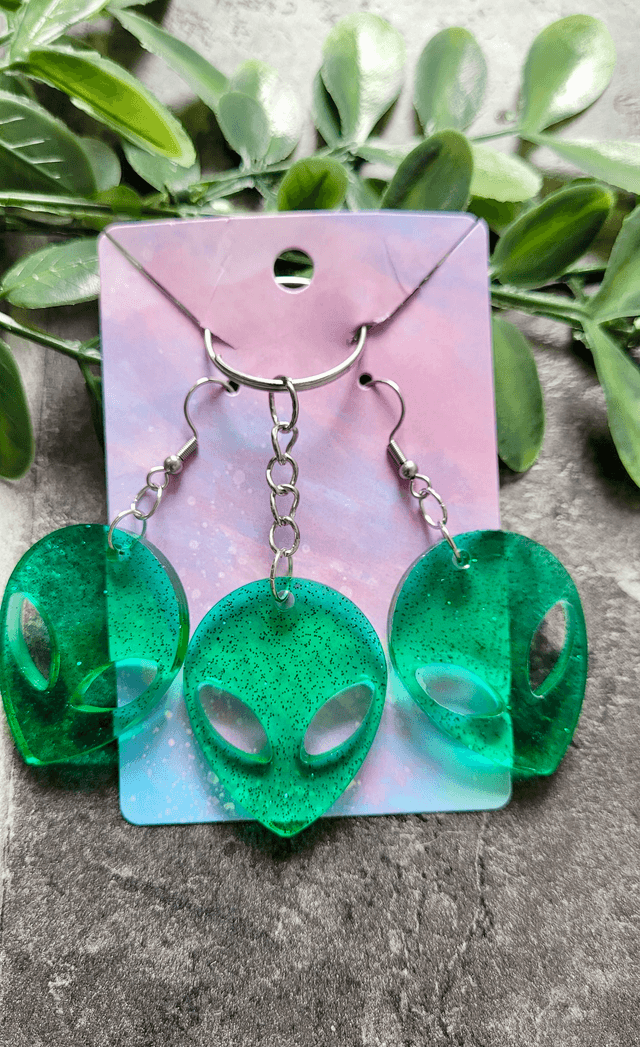 Earrings & Keychain Matching Sets | Glitter Alien Face Heads | Earring & Keyring