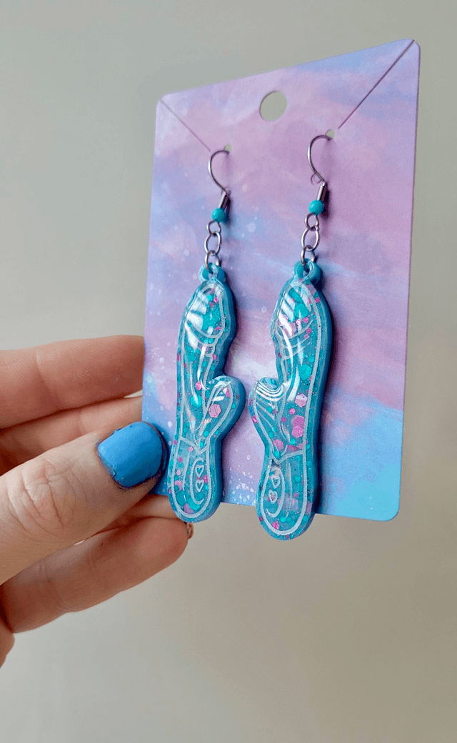 Earrings | Blue & Purple Glitter with White Outline Rabbit Vibrator Earrings | Stainless Steel Hooks & Colour Bead