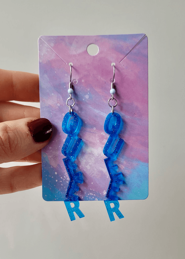 Earrings- Blue & Silver Glitter QUEER Earrings | Stainless Steel Beaded Hooks