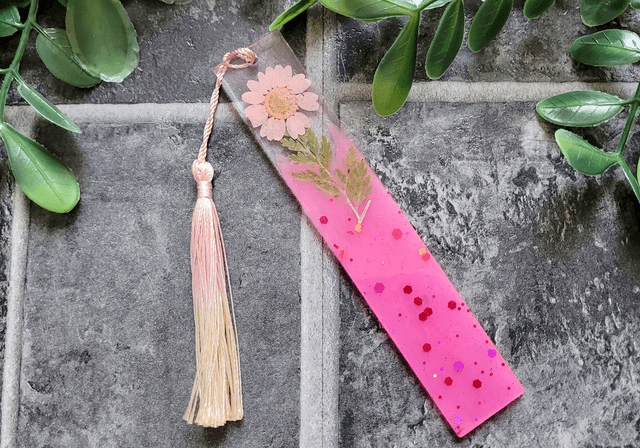 Bold Pink Glitter Floral Bookmark - Dried Pink Flower and Leaf