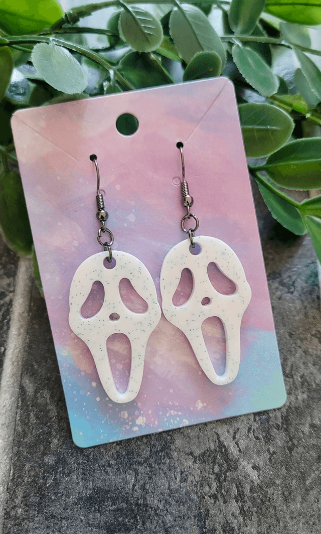 Earrings | Ghostface Scream Earrings - White & Blue Glitter | Stainless Steel Hooks - Gunmetal Black