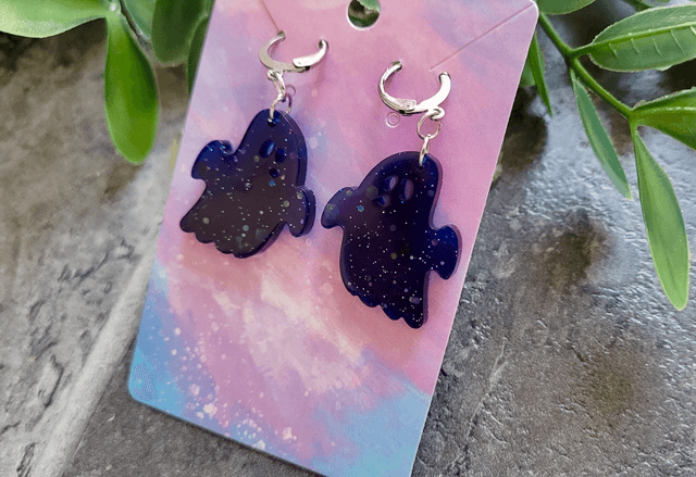 Earrings | Navy Blue Glitter Ghost | Stainless Steel Leverback Hoops