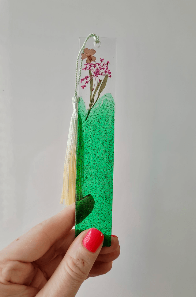 Green Glitter Floral Bookmark - Dried Flowers