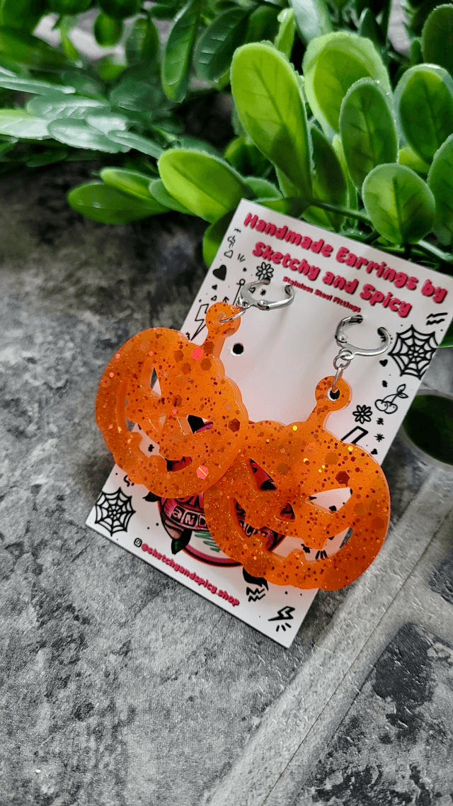 Orange Glitter Pumpkin Earrings | Stainless Steel Hoops