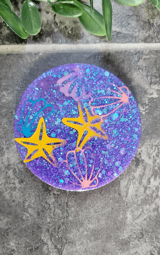 Coaster - Purple and Blue Glitter - Starfish & Shells Ocean Theme