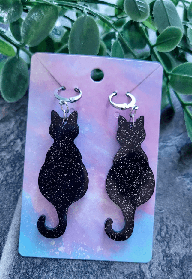 Earrings | Black Cats Sitting with Silver Glitter Sparkle | Witch Cat Stainless Steel Hoops