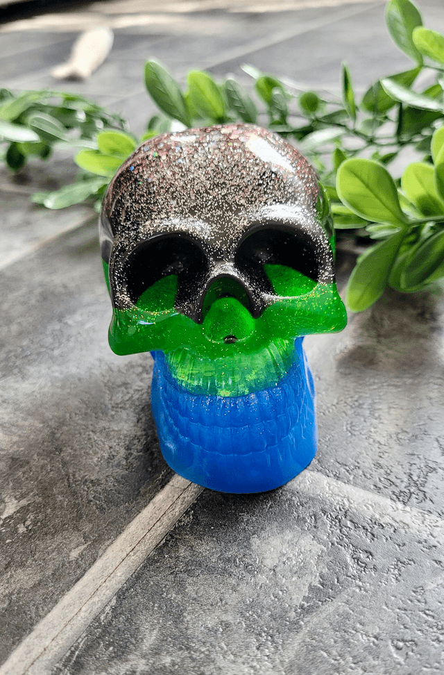 Skull Ornament - Large - Green, Blue Black Glitter Stripes