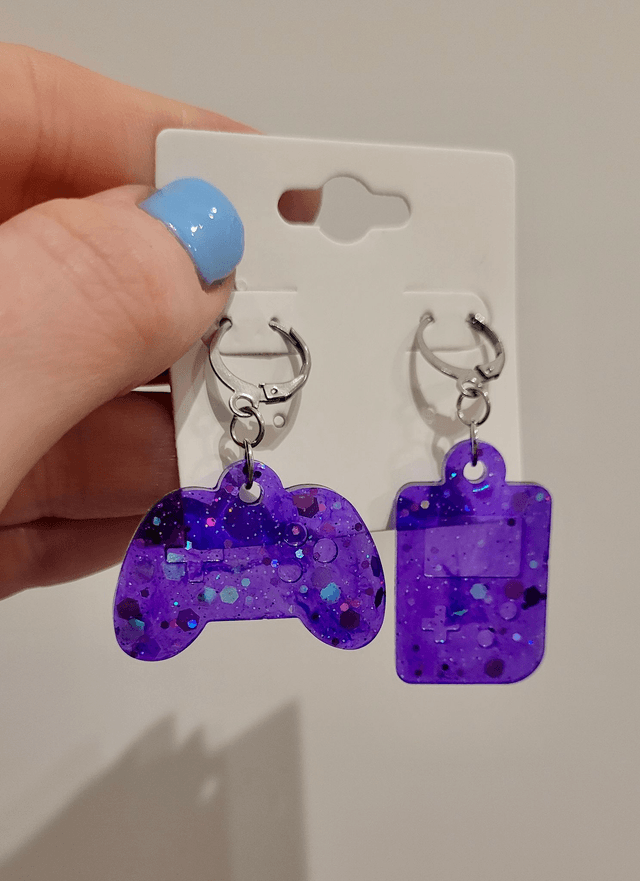 Earrings | Stainless Steel Hoops - Gameboy & Controller | Game Console | Purple Glitter