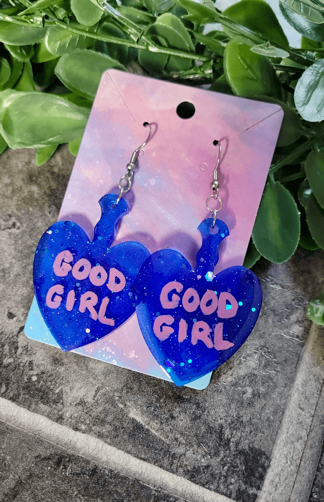 Earrings | GOOD GIRL Dark Blue Glitter Heart Paddle Earrings - Pink and Black Swirl Glitter  | Stainless Steel Hooks