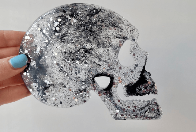 Coasters Set of 4 with Holder - Skull Coasters with Silver Glitter and Black Swirls