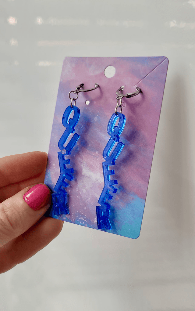 Earrings- Dark Blue Glitter QUEER Earrings | Stainless Steel Leverback Hoops