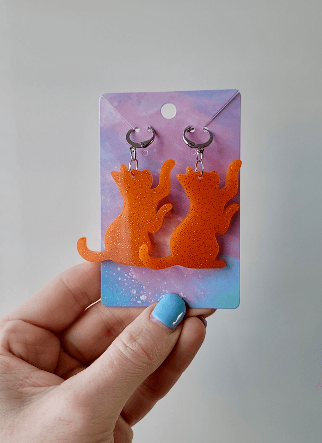 Earrings | Orange Glitter Ginger Cats Reaching | Cat Stainless Steel Hoops or Hooks
