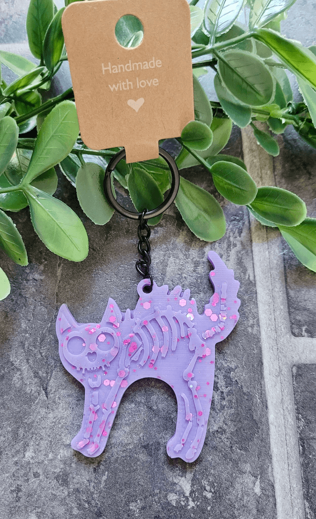 Purple Glitter Skeleton Cat Keychain - Hellcat Keyring