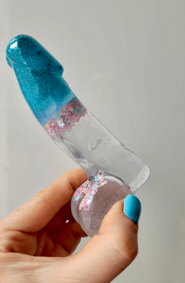 Penis Ornament - Blue Glitter & Clear with Pastel Holographic Star Confetti - 12cm