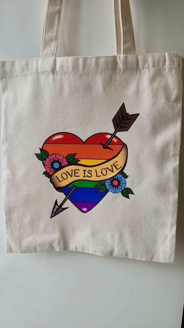Love is Love Rainbow Pride Flag Heart & Scroll Tattoo Tote Bag