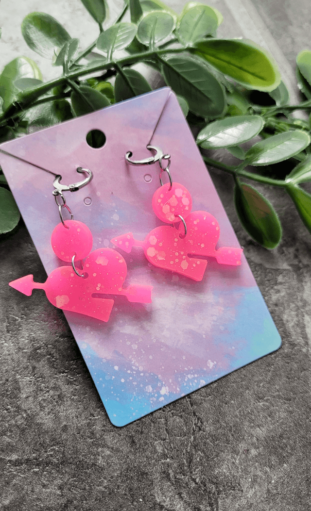 Earrings | Hot Pink Glitter Heart and Arrow | Stainless Steel Hoops