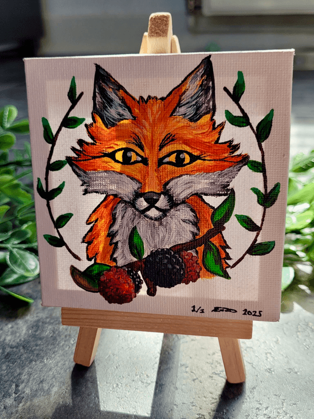 Original Mini Canvas Painting – Fox, Berries and Brambles