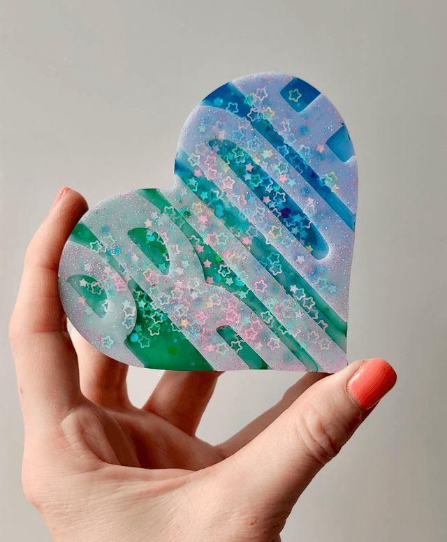 PRIDE Heart -  White Lettering & Stars, Green & Blue Heart