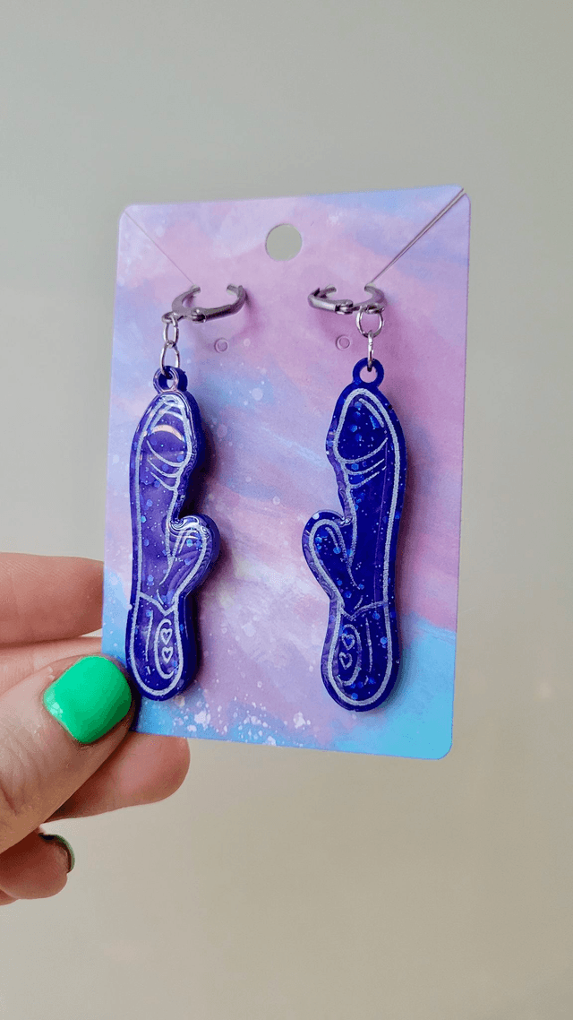 Earrings | Blue Glitter Rabbit Vibrator Earrings | Stainless Steel Lever Back Hoops