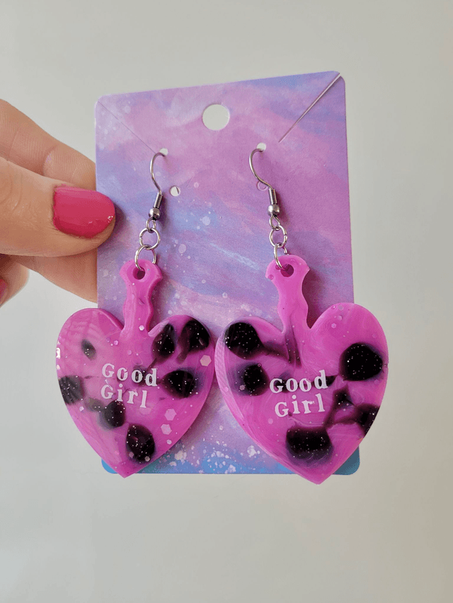 Earrings | Good Girl Heart Paddle Earrings - Pink and Black Swirl Glitter  | Stainless Steel Hooks