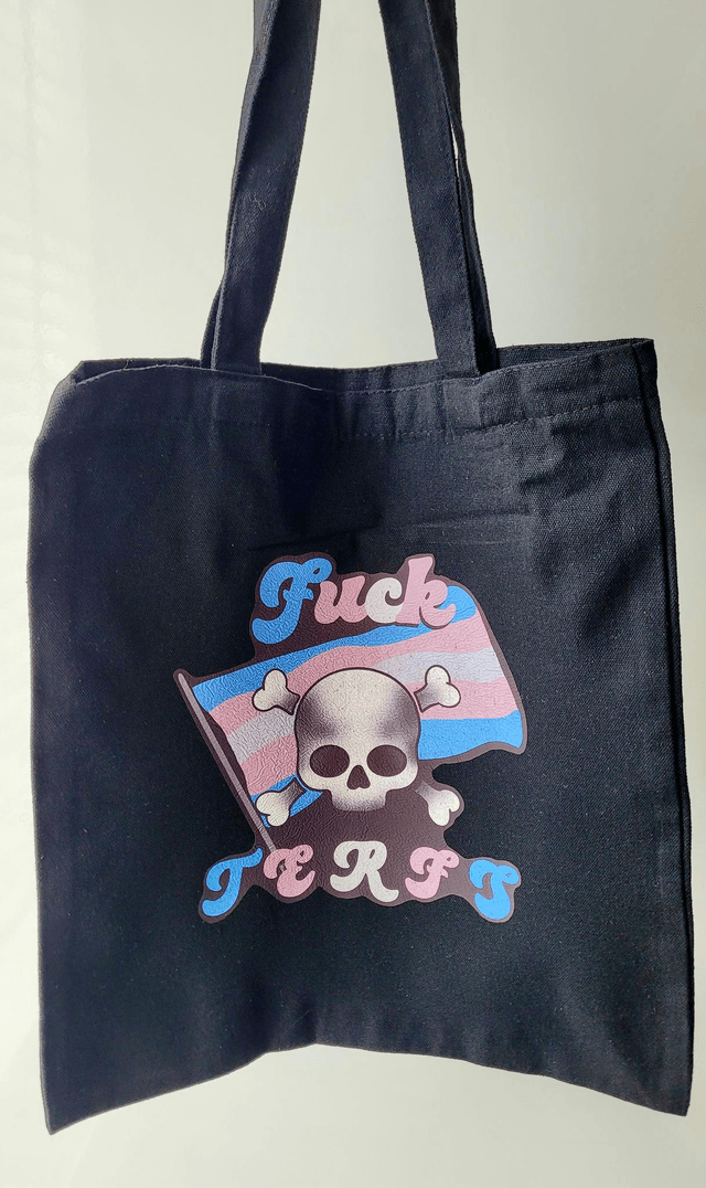 F*ck TERFs Skull, Trans Flag Pride Design | Black Tote Bag