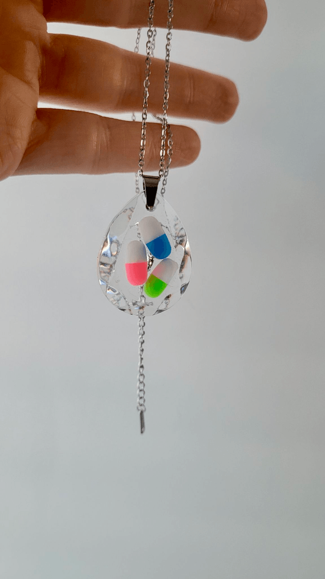 Clear Pill Necklace - Stainless Steel Extender Chain 40cm + 5cm