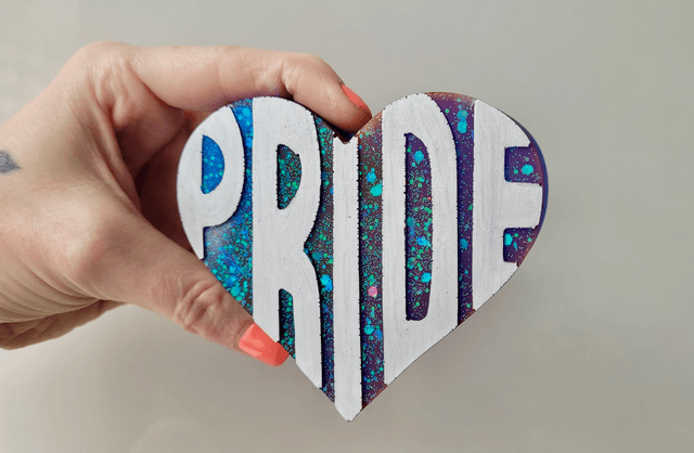 PRIDE Heart - Silver Text, Blue and Purple Glittery Heart Ornament