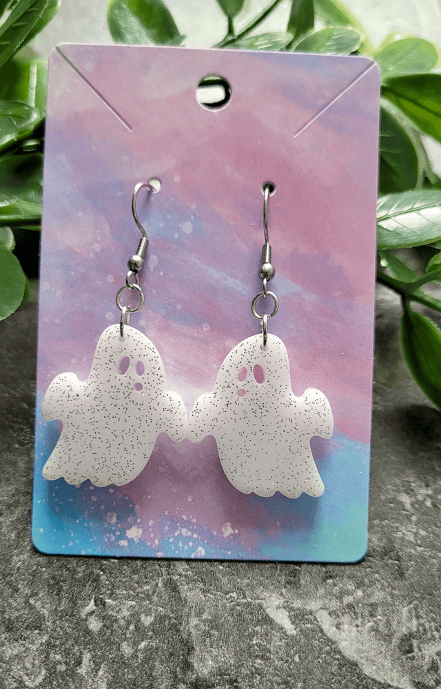 Earrings | White with Silver Glitter Ghost Earrings | Stainless Steel Hooks or Hoops