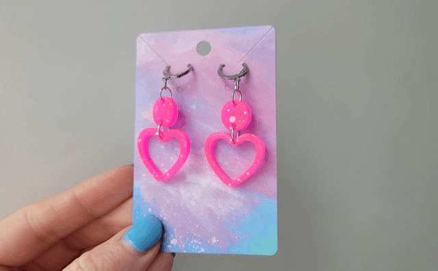 Earrings | Pink Glitter Hearts | Stainless Steel Hoops