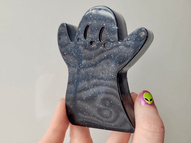 Ghost Ornament - Marbled Black with Silver Glitter 