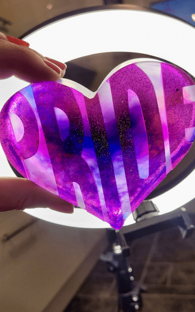 PRIDE Heart - Pink glitter ‘Pride’ with purple and blue marble
