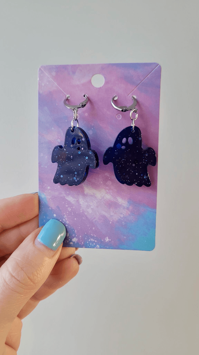 Earrings | Navy Blue Glitter Ghost | Stainless Steel Leverback Hoops