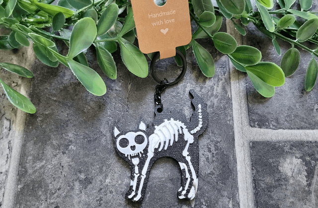 Black & White Glitter Skeleton Cat Keychain - Hellcat Keyring