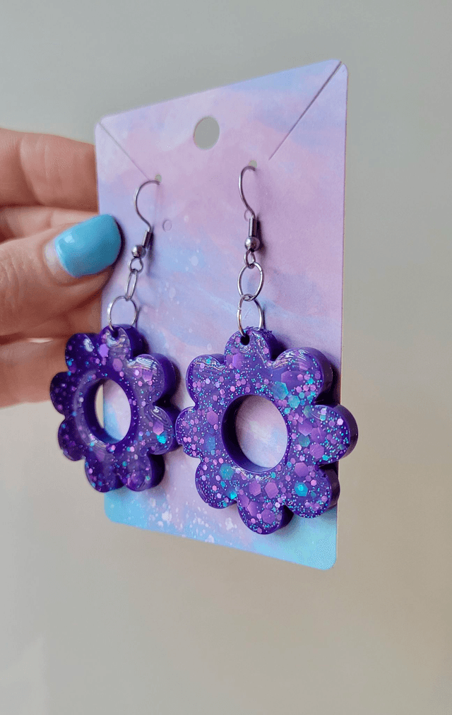 Earrings | Purple Glitter Flowers | Stainless Steel Shepherd Hooks