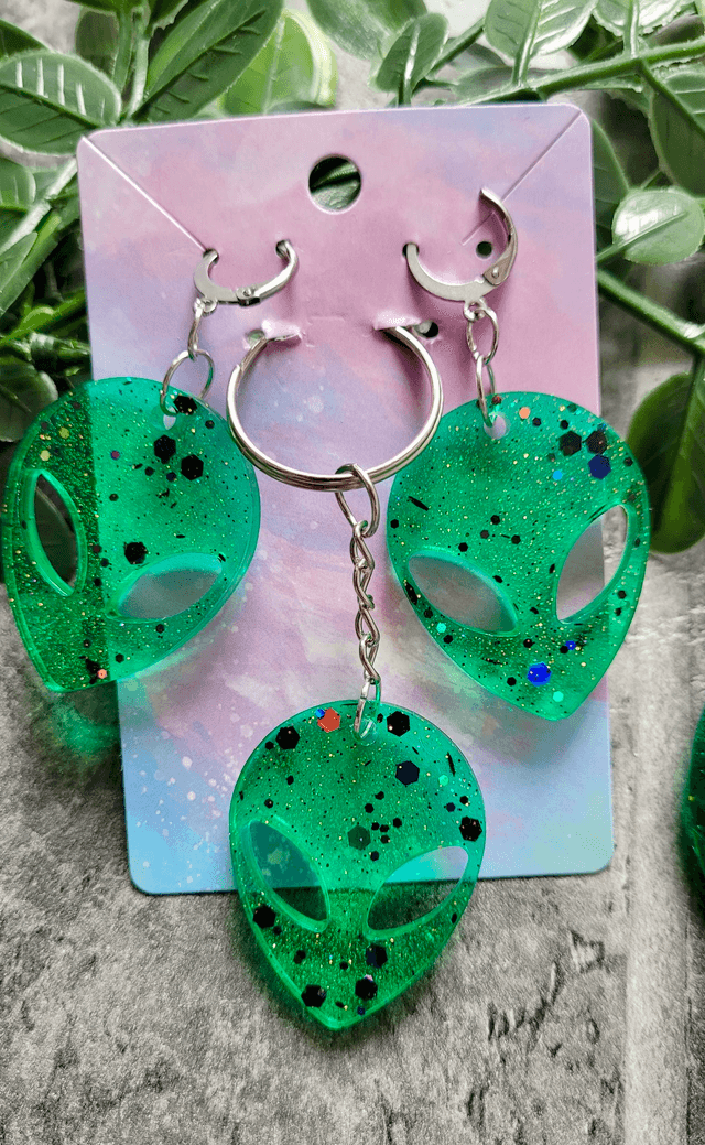 Earrings & Keychain Matching Sets | Glitter Alien Face Heads | Earring & Keyring