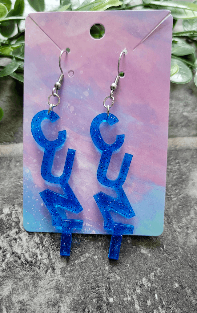 Earrings- Dark or Light Blue Glitter CUNT Swear Earrings | Stainless Steel HooKs